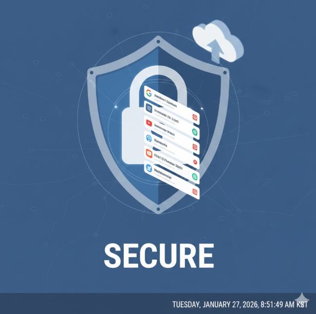 강력한 보안 및 동기화: 세 번째 이미지는 방패와 자물쇠 아이콘을 통해 저장된 링크들이 안전하게 보호되고 있음을 시각화하며, 상단의 클라우드 아이콘은 기기 간 끊김 없는 동기화를 의미합니다.