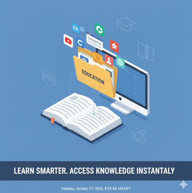 스마트한 학습 도구: 마지막 이미지는 교육 사이트들이 정리된 폴더와 책, 컴퓨터 아이콘을 결합하여 주소모음이 지식 습관을 형성하는 강력한 학습 보조 도구임을 보여줍니다.