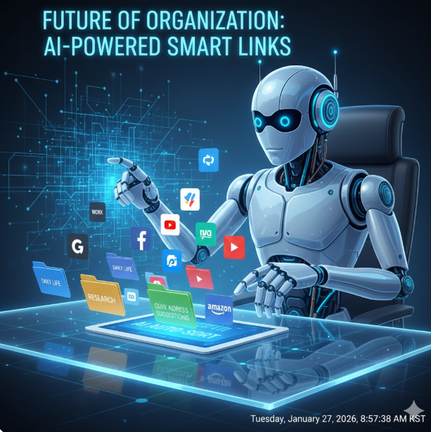 미래 지향적 AI 관리: 마지막 이미지는 AI 로봇이 자동으로 링크를 분류하고 추천하는 모습을 통해, 인공지능이 주소 관리의 생산성을 극대화하는 미래형 인터페이스를 제안합니다.