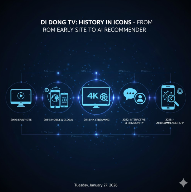 역사와 성장: 타임라인 이미지는 2010년 서비스 런칭 이후 2018년 4K 스트리밍 도입, 2026년 AI 개인화 및 VR/AR 통합까지의 주요 기술적 변천사를 담고 있습니다. 역사와 성장: 타임라인 이미지는 2010년 서비스 런칭 이후 2018년 4K 스트리밍 도입, 2026년 AI 개인화 및 VR/AR 통합까지의 주요 기술적 변천사를 담고 있습니다.