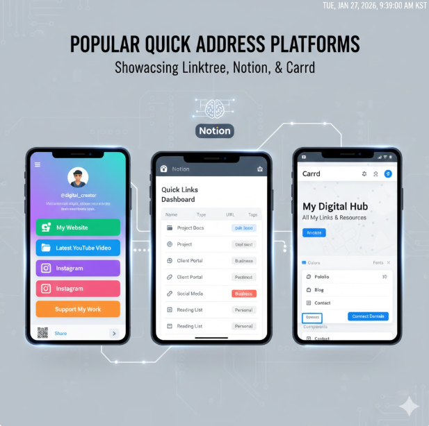 플랫폼 다양성: Linktree, Notion, Carrd 등 실제 인기 플랫폼의 인터페이스 예시를 통해, 개인 브랜딩부터 비즈니스 마케팅까지 폭넓게 활용되는 디지털 생태계를 확인할 수 있습니다. 플랫폼 다양성: Linktree, Notion, Carrd 등 실제 인기 플랫폼의 인터페이스 예시를 통해, 개인 브랜딩부터 비즈니스 마케팅까지 폭넓게 활용되는 디지털 생태계를 확인할 수 있습니다.