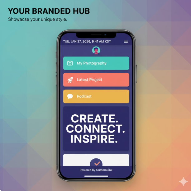 모바일 기기에 최적화된 **'나만의 브랜드 페이지'**를 보여줍니다. 사진, 프로젝트, 팟캐스트 등 다양한 콘텐츠를 한곳에 모아 사용자 고유의 스타일로 커스터마이징할 수 있는 직관적인 UI를 강조합니다. 모바일 기기에 최적화된 **'나만의 브랜드 페이지'**를 보여줍니다. 사진, 프로젝트, 팟캐스트 등 다양한 콘텐츠를 한곳에 모아 사용자 고유의 스타일로 커스터마이징할 수 있는 직관적인 UI를 강조합니다.