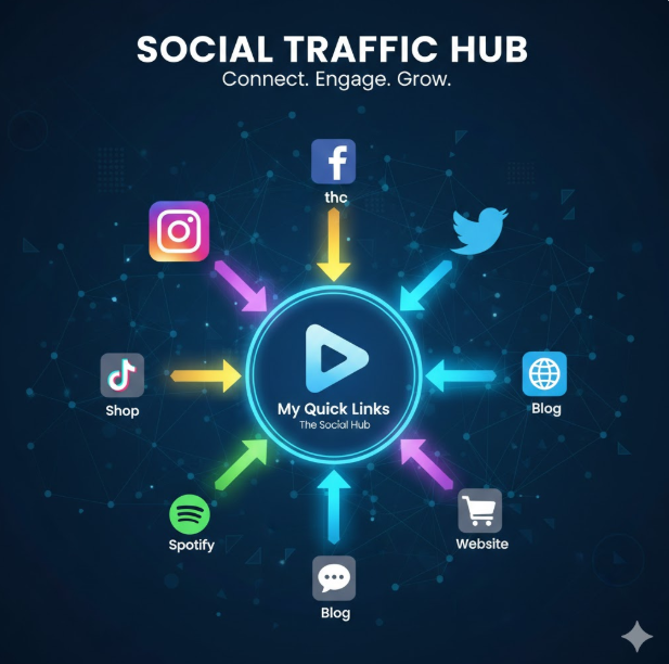 인스타그램, 틱톡, 스포티파이, 블로그 등 파편화된 소셜 미디어 채널을 하나의 허브로 연결하는 기능을 설명합니다. 모든 플랫폼의 유입 경로를 중앙으로 집중시켜 효율적인 트래픽 관리와 성장을 돕는 구조입니다 인스타그램, 틱톡, 스포티파이, 블로그 등 파편화된 소셜 미디어 채널을 하나의 허브로 연결하는 기능을 설명합니다. 모든 플랫폼의 유입 경로를 중앙으로 집중시켜 효율적인 트래픽 관리와 성장을 돕는 구조입니다