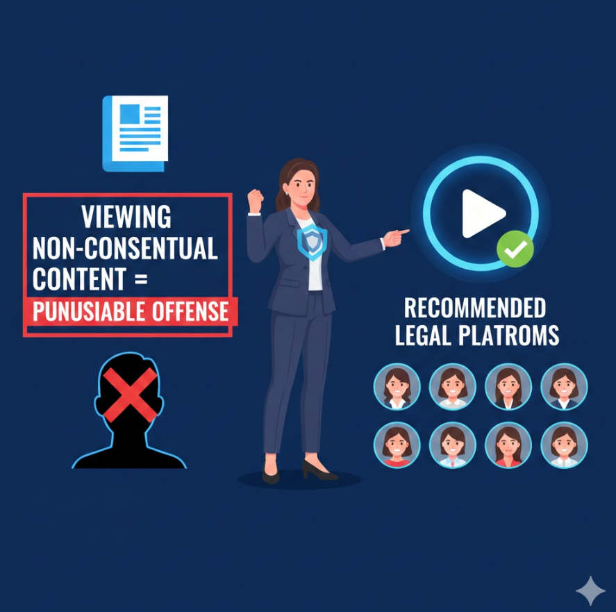 디지털 성범죄 처벌법 관련 경고 인포그래픽으로, 법전 아이콘과 “비동의 유포물 시청 = 처벌 대상” 문구가 강조되어 있고, 합법 플랫폼 추천 아이콘이 함께 배치된 경각심과 희망을 주는 디자인 디지털 성범죄 처벌법 관련 경고 인포그래픽으로, 법전 아이콘과 “비동의 유포물 시청 = 처벌 대상” 문구가 강조되어 있고, 합법 플랫폼 추천 아이콘이 함께 배치된 경각심과 희망을 주는 디자인