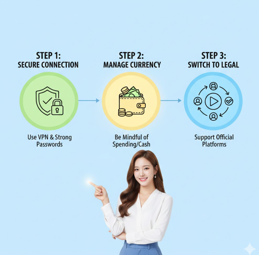 안전하고 건강한 즐기기 가이드 인포그래픽으로, “안전 접속”, “캐시 관리”, “합법 플랫폼 전환” 3단계가 원형으로 배치되어 있고 각 단계에 밝고 긍정적인 아이콘과 설명이 들어간 디자인 안전하고 건강한 즐기기 가이드 인포그래픽으로, “안전 접속”, “캐시 관리”, “합법 플랫폼 전환” 3단계가 원형으로 배치되어 있고 각 단계에 밝고 긍정적인 아이콘과 설명이 들어간 디자인