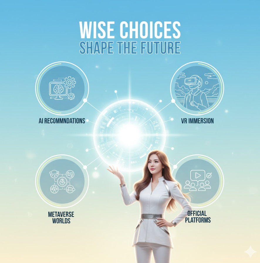 미래 비전 인포그래픽으로, AI 추천 시스템, VR 체험, 메타버스 장면, 합법 플랫폼 아이콘이 미래 지향적으로 배치되어 있고 “현명한 선택이 미래를 만든다”라는 큰 문구가 들어간 밝고 희망적인 디자인 미래 비전 인포그래픽으로, AI 추천 시스템, VR 체험, 메타버스 장면, 합법 플랫폼 아이콘이 미래 지향적으로 배치되어 있고 “현명한 선택이 미래를 만든다”라는 큰 문구가 들어간 밝고 희망적인 디자인