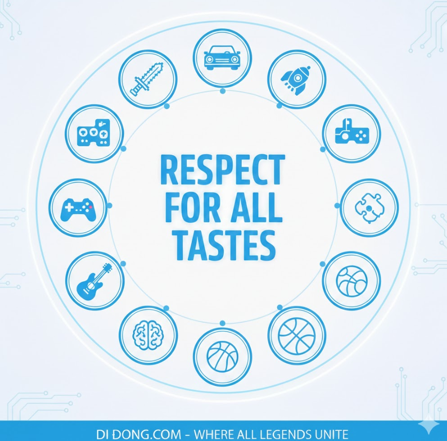 취향 존중 인포그래픽으로, 다양한 장르 아이콘이 원형으로 배치되어 있고 중앙에 “취향 존중” 큰 문구가 들어간 밝고 포용적인 디자인