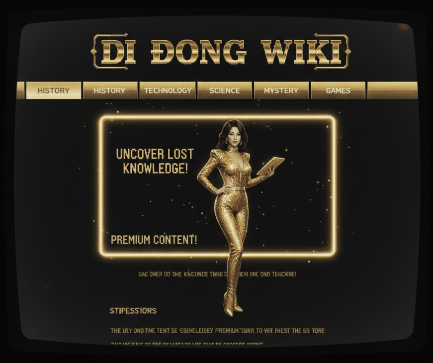 초기 스타일의 빈티지 화면 캡처로, 블랙 배경에 금색 카테고리 탭, 대형 배너, 그리고 위장된 파일 목록이 보이는 레트로 감성 강한 디자인