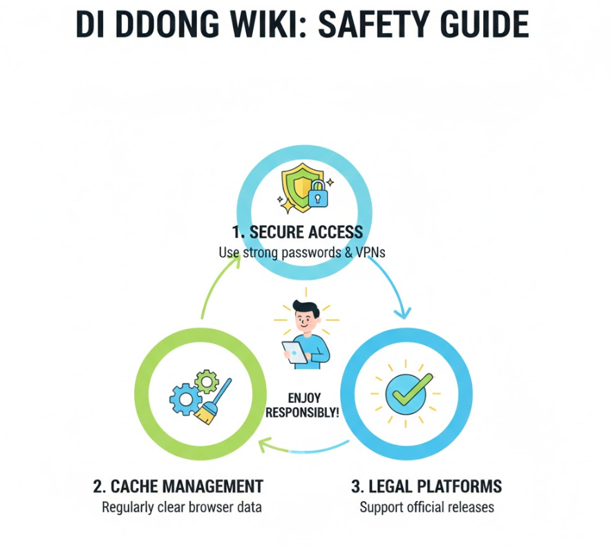 안전하고 건강한 즐기기 가이드 인포그래픽으로, “안전 접속”, “캐시 관리”, “합법 플랫폼 전환” 3단계가 원형으로 배치되어 있고 각 단계에 밝고 긍정적인 아이콘과 설명이 들어간 디자인