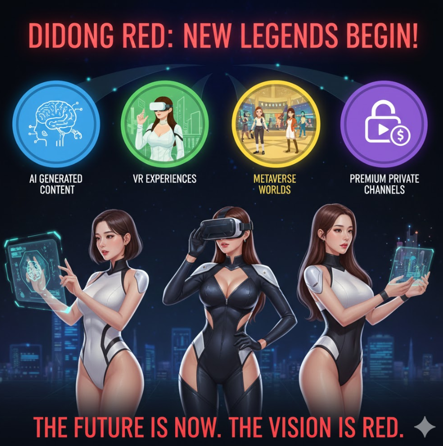  미래 비전 인포그래픽으로, AI 생성 콘텐츠, VR 체험, 메타버스 장면, 유료 비공개 채널 아이콘이 미래 지향적으로 배치