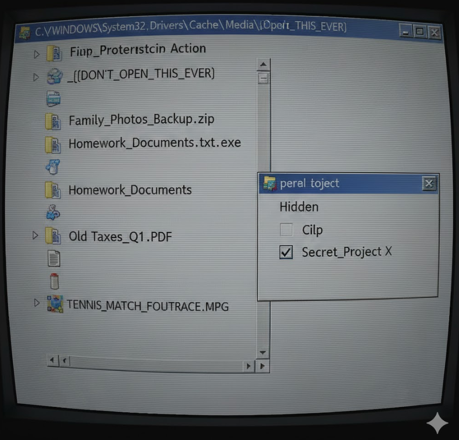 시스템 숨김 폴더 재현 이미지로, Windows 탐색기 화면에 시스템 폴더 깊숙이 숨겨진 폴더와 위장 이름, 숨김 속성 체크가 표시된 레트로 PC 화면 스타일의 유머러스한 장면 시스템 숨김 폴더 재현 이미지로, Windows 탐색기 화면에 시스템 폴더 깊숙이 숨겨진 폴더와 위장 이름, 숨김 속성 체크가 표시된 레트로 PC 화면 스타일의 유머러스한 장면