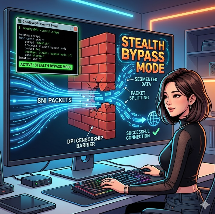 SNI 패킷이 분할되어 차단 장벽을 통과하는 애니메이션 효과의 그래픽, 'Stealth Bypass Mode' 텍스트가 강조된 디자인 SNI 패킷이 분할되어 차단 장벽을 통과하는 애니메이션 효과의 그래픽, 'Stealth Bypass Mode' 텍스트가 강조된 디자인