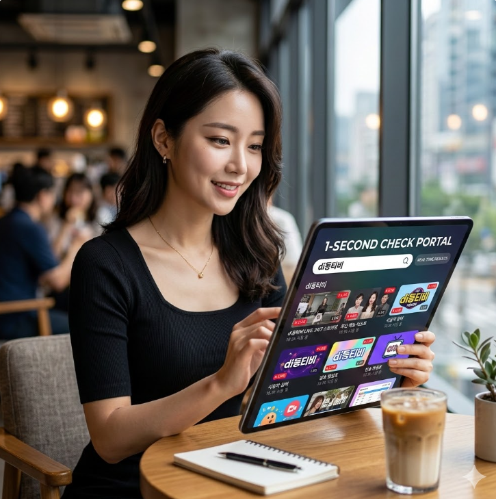 빠른주소 포털 인터페이스에 di동티비 검색 결과가 실시간으로 표시되는 그래픽, '1-Second Check Portal' 텍스트가 배치