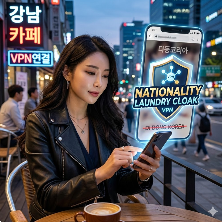 VPN 연결로 di동코리아 사이트를 가리는 그래픽, 'Nationality Laundry Cloak' 텍스트가 배치