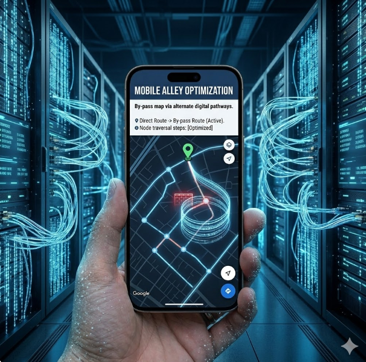 스마트폰 화면에 di동코리아 대체 골목 지도가 표시된 그래픽, 'Mobile Alley Optimization' 텍스트가 배치