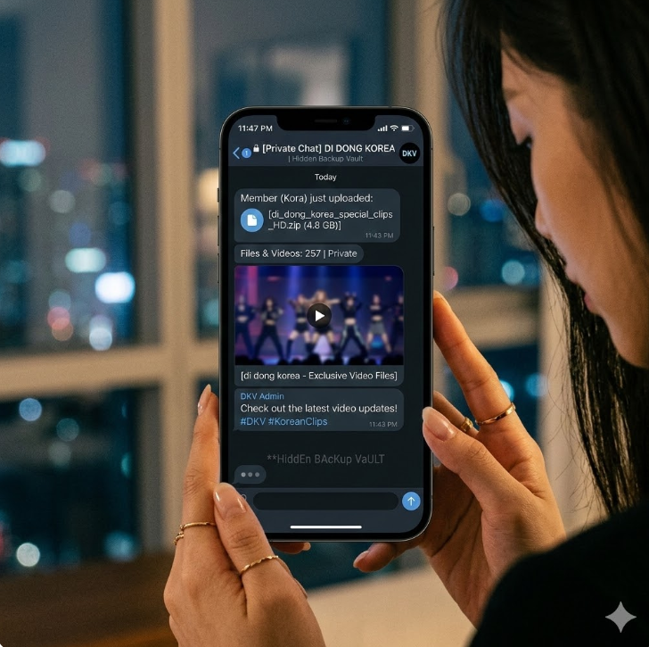 텔레그램 비밀 채팅에 di동코리아 영상 파일이 업로드된 화면 그래픽, 'Hidden Backup Vault' 텍스트가 은밀하게 배치 텔레그램 비밀 채팅에 di동코리아 영상 파일이 업로드된 화면 그래픽, 'Hidden Backup Vault' 텍스트가 은밀하게 배치