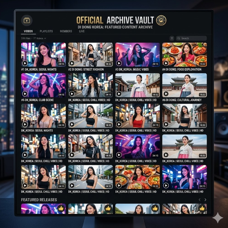 VOD 아카이브 목록에 di동코리아 영상 썸네일이 나열된 그래픽, 'Official Archive Vault' 텍스트가 중앙에 배치된 디자인. VOD 아카이브 목록에 di동코리아 영상 썸네일이 나열된 그래픽, 'Official Archive Vault' 텍스트가 중앙에 배치된 디자인.