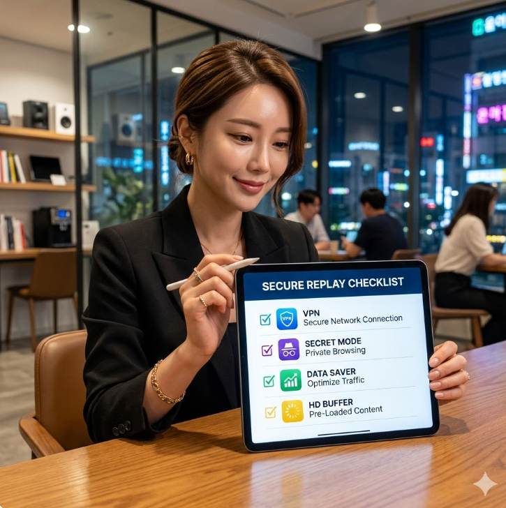 체크리스트 형태 그래픽에 데이터 절약·시크릿 모드·VPN 아이콘이 체크된 리스트, 'Secure Replay Checklist' 텍스트가 중앙에 배치된 디자인. 체크리스트 형태 그래픽에 데이터 절약·시크릿 모드·VPN 아이콘이 체크된 리스트, 'Secure Replay Checklist' 텍스트가 중앙에 배치된 디자인.