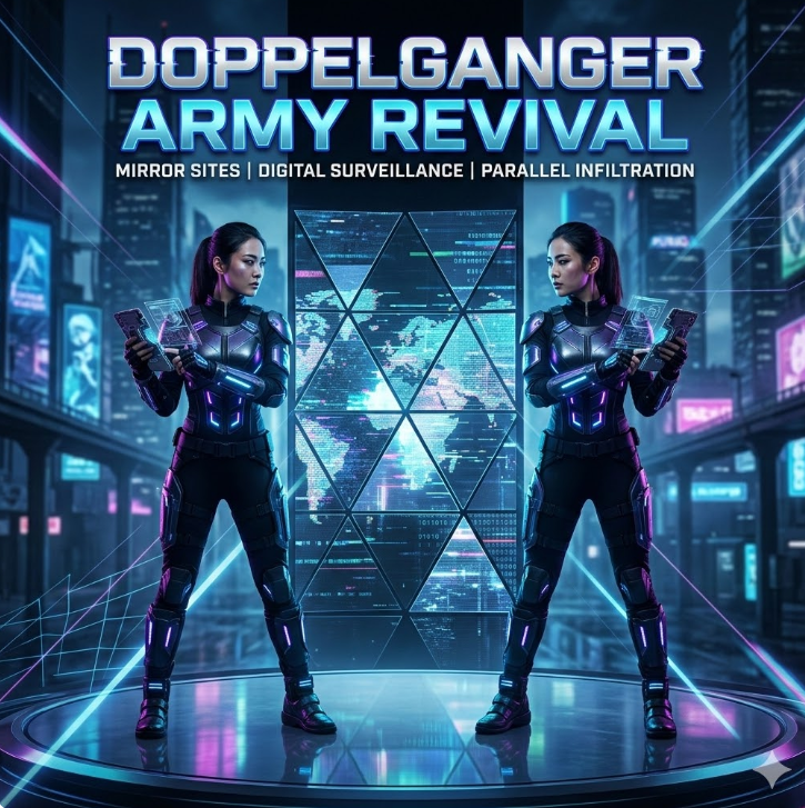 원본과 복제된 di동코리아 사이트가 거울처럼 마주보는 그래픽, 'Doppelganger Army Revival' 텍스트가 강조 원본과 복제된 di동코리아 사이트가 거울처럼 마주보는 그래픽, 'Doppelganger Army Revival' 텍스트가 강조