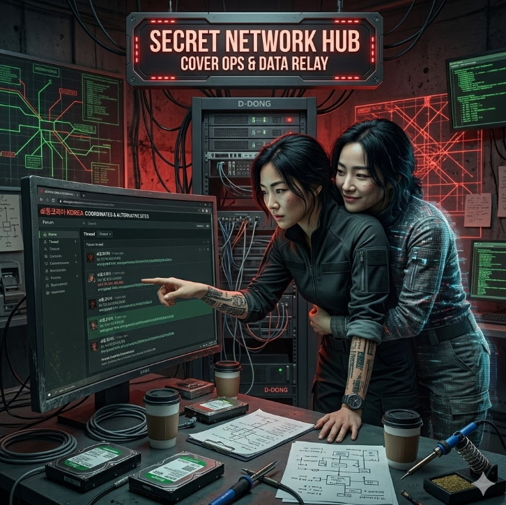 비공개 채널 포럼에 di동코리아 좌표가 공유되는 스레드 그래픽, 'Secret Network Hub' 텍스트가 배치 비공개 채널 포럼에 di동코리아 좌표가 공유되는 스레드 그래픽, 'Secret Network Hub' 텍스트가 배치