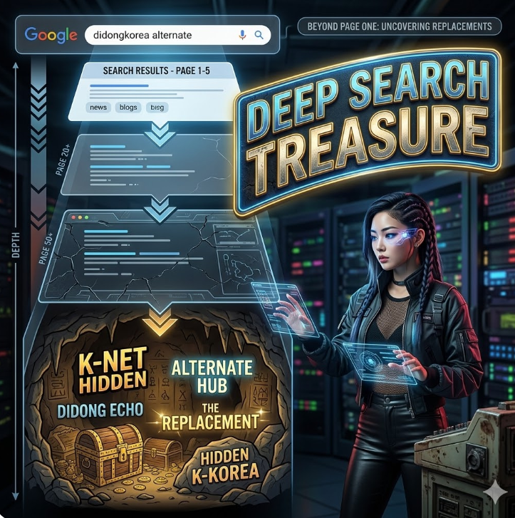 구글 검색 결과 페이지가 깊어질수록 di동코리아 대체 사이트가 드러나는 그래픽, 'Deep Search Treasure' 텍스트가 강조 구글 검색 결과 페이지가 깊어질수록 di동코리아 대체 사이트가 드러나는 그래픽, 'Deep Search Treasure' 텍스트가 강조