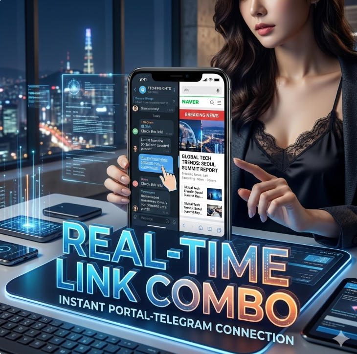 텔레그램과 포털 앱이 동시에 열린 스마트폰 화면 그래픽, 'Real-Time Link Combo' 텍스트가 배치 텔레그램과 포털 앱이 동시에 열린 스마트폰 화면 그래픽, 'Real-Time Link Combo' 텍스트가 배치