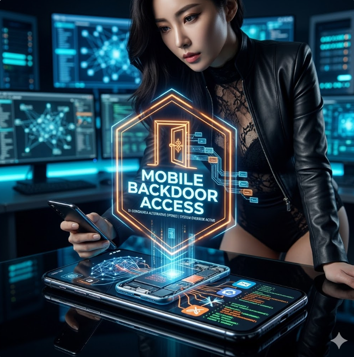 스마트폰 화면에 di동코리아 대체 백도어가 열리는 그래픽, 'Mobile Backdoor Access' 텍스트가 배치 스마트폰 화면에 di동코리아 대체 백도어가 열리는 그래픽, 'Mobile Backdoor Access' 텍스트가 배치
