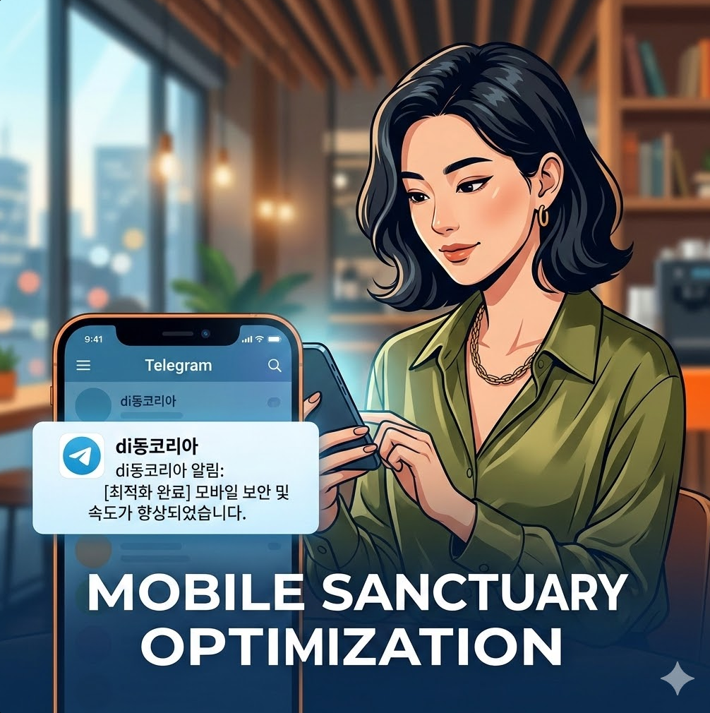 스마트폰 텔레그램 앱에 di동코리아 알림이 표시된 그래픽 스마트폰 텔레그램 앱에 di동코리아 알림이 표시된 그래픽